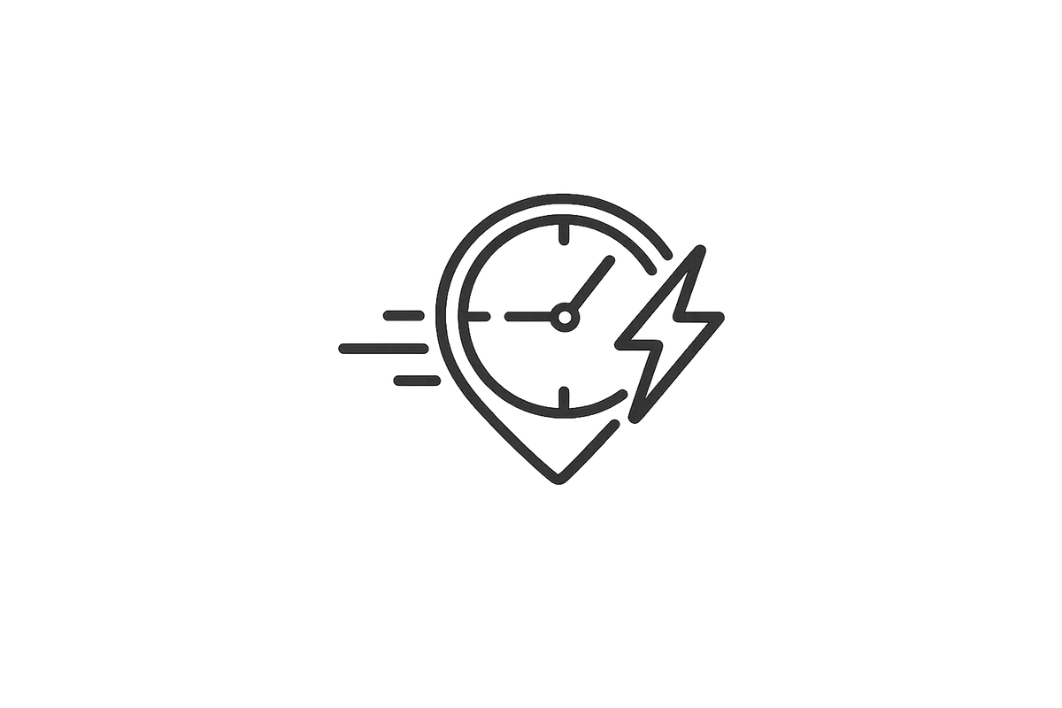 Minimal clock with lightning bolt icon representing fast emergency commercial kitchen repairs in North East Victoria