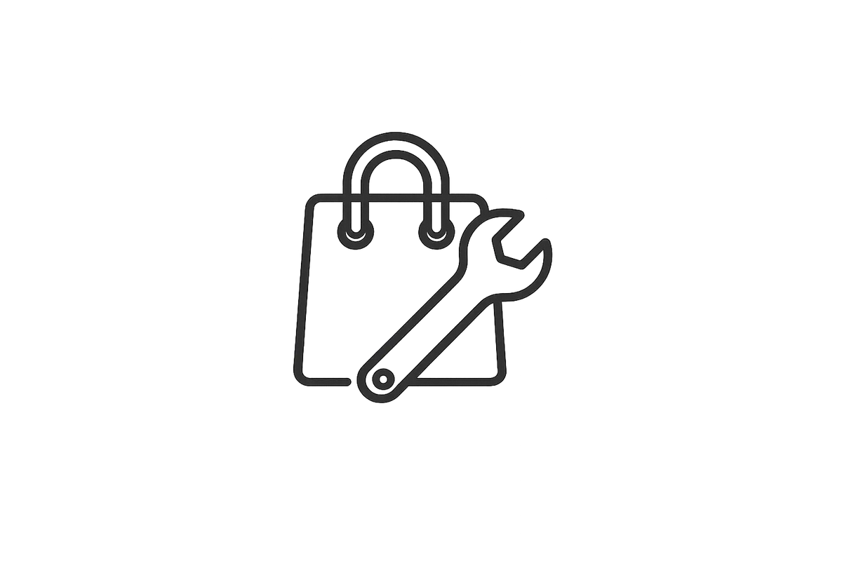 Icon of a shopping bag with a wrench and a hook on a white background